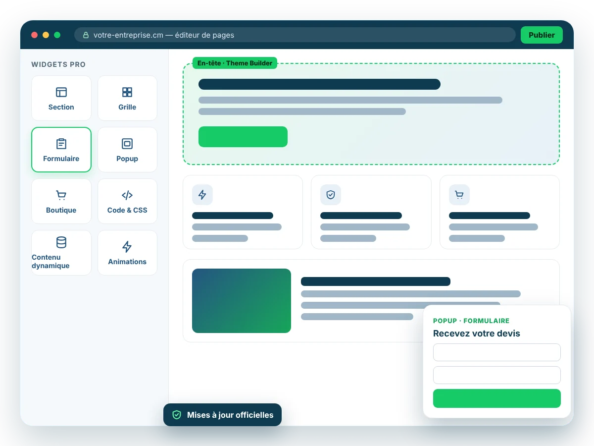 Éditeur de pages WordPress avec widgets Pro, Theme Builder, formulaire et popup