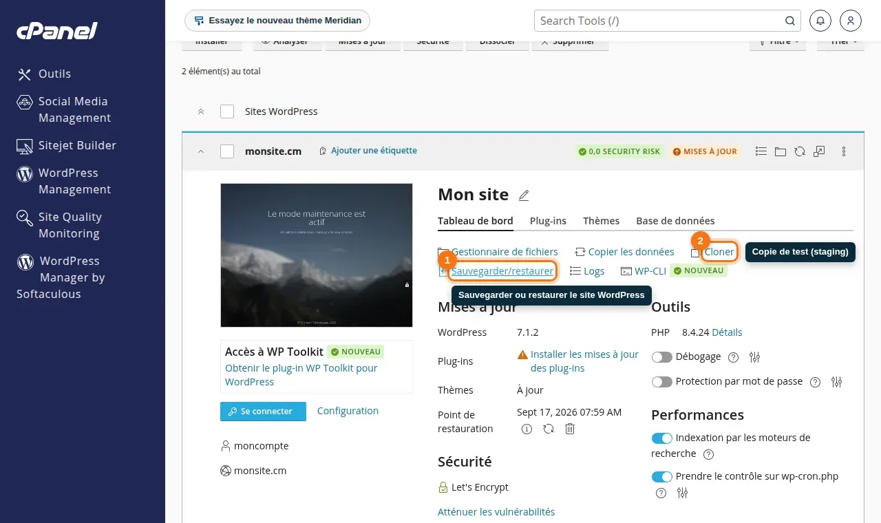 Sauvegardes WordPress avec WP Toolkit
